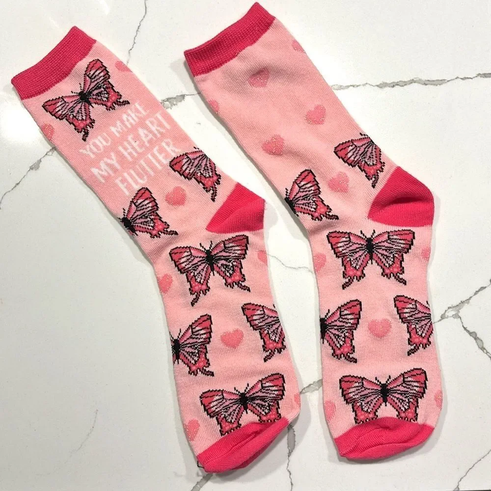 NWOT Pair of Fashion Socks Pink Butterfly Blue Camper Socks